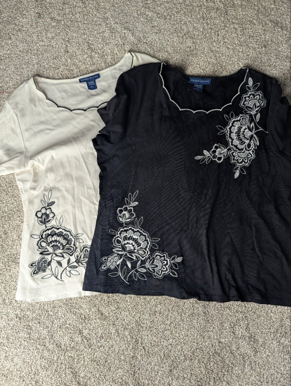 Karen Scott Embroidered Floral T Shirt Bundle Black & Ivory